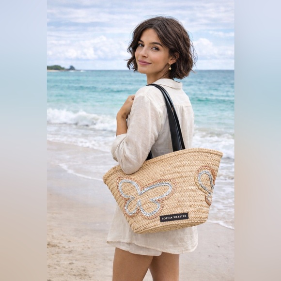 Sophia Webster Handbags - NWT Sophia Webster Taya Raffia Tote Mixed Metallic Butterfly & Black Leather